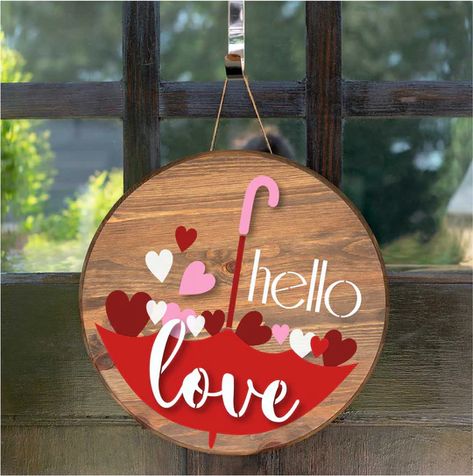 Valentine Wood Crafts, Valentines Door Hanger, Diy Valentine's Day Decorations, Hello Love, Door Signs Diy, Valentines Sign, Diy Valentines Decorations, Christmas Stencils, Diy Valentines Crafts