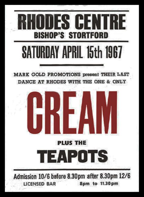 The Cream 1967 Bishop's Stortford 60s Posters, Musical Posters, Concert Flyers, Vintage Concert Posters, Music Concert Posters, Vintage Music Posters, Concert Flyer, The Music Man, Gig Poster