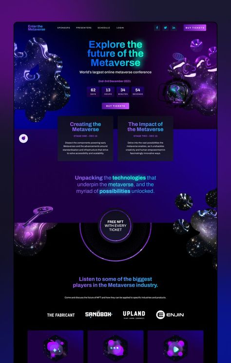 Website promoting Tech Circus’ Enter the Metaverse global conference.


#website #ui #interface #ux #uidesigner #metaverse #space #technology #crypto #nft #graphicdesign #webmarketing #webdesign #branding #identity #kokolas #benkokolas #mobileapp #uiinspiration #appdesign #tickets #daily ui #creative #conference #figma #figmadesigner #eventbooking #behance #uitrends #galaxy #alienworlds #upland #enjin #sandbox #3d #c4d การออกแบบ Ui Ux, Conference Website, Creative Conference, Landing Page Inspiration, Space Technology, Graphisches Design, Event Website, Ui Ux Designer, Ui Design Website