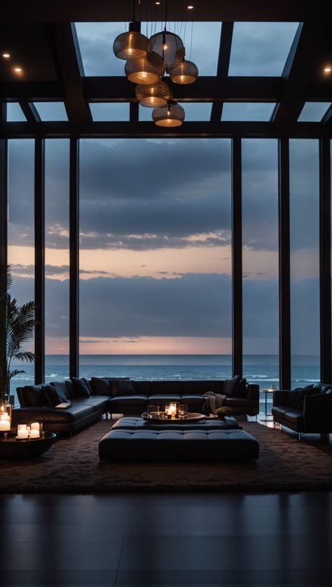 Dark luxury house on a beach Dark Beach House, House On A Beach, Luxury Beach House Interior, Dark Luxury House, Mansion On The Beach, Mob Aesthetic, Dark House Aesthetic, Dark Mansion, Black Architecture