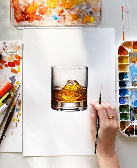 Bookish Drawings, Whiskey Glass Drawing, Whiskey Drawing, Watercolor Whiskey, Whiskey Illustration, Whiskey Painting, Cocktail Painting, Kitchen Bar Cart, Whiskey Art