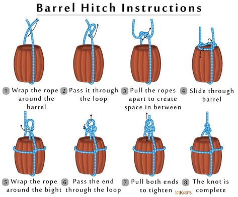 Barrel Hitch | 101 Knots Barrel Knot, Climbing Knots, Camping Knots, Survival Knots, Knots Guide, Overhand Knot, Paracord Knots, Knots Diy, Knots Tutorial