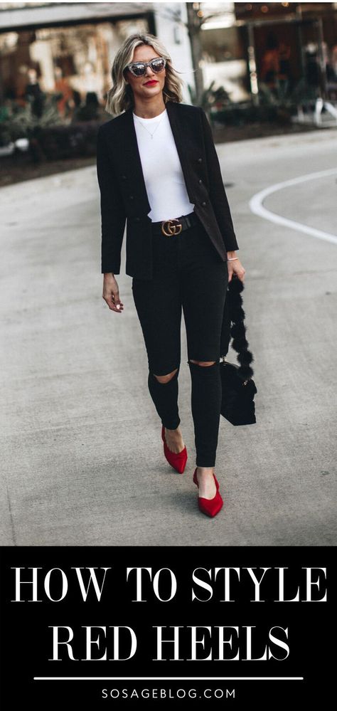 Red Pumps Outfit Jeans, Two Tone Pumps Outfit, Red Hills Shoes Outfit, Styling Red Heels, Red Block Heels Outfit, Black Outfit Red Shoes, Red Heels Outfit Party, Red Strappy Heels Outfit, Red Heels Outfit Work