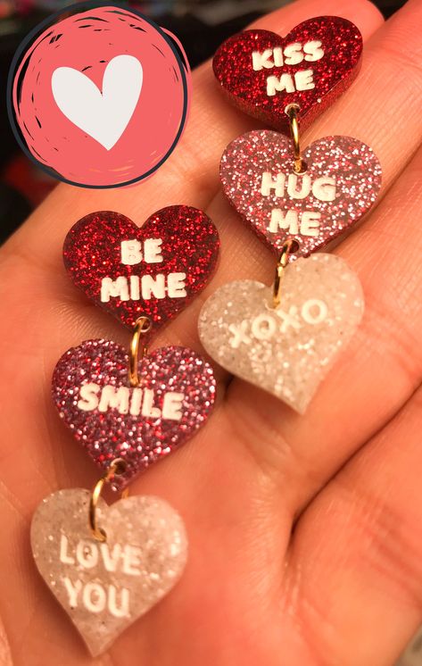 Valentines Resin Earrings, Resin Valentine Ideas, Valentine Resin Ideas, Resin Earrings Diy, Valentine Earrings, Conversation Heart, Marble Earrings, Diy Resin Projects, Valentines Earrings