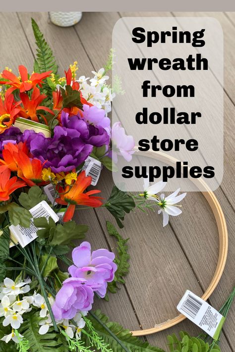 Dollar Store wreath, spring wreath, colorful diy wreath, diy wreath, spring diy wreath Dollar Tree Spring Wreath, Wreath Decorating Ideas, Large Embroidery Hoop, Old Time Pottery, Indoor Wreath, Thrifty Decor, Homemade Wreaths, Upcycled Projects, Thrift Store Decor