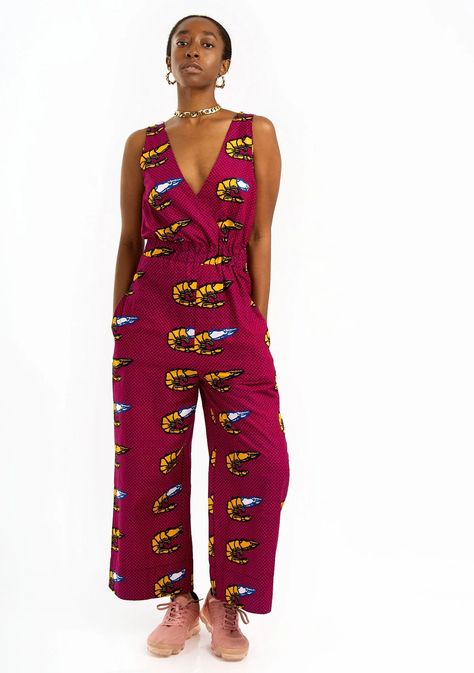 Wide Leg Crossover Jumpsuit - Prawns – YEVU Ankara Jumpsuit Styles, Ankara Shorts, Afro Bohemian, Jumpsuit Styles, Ankara Jumpsuit, Vibrant Fashion, African Print Clothing, Long Sleeve Layer, Ankara Fashion