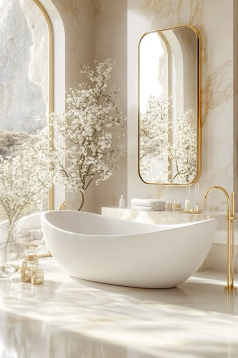 Step into a sanctuary of elegance with this stunning white and gold bathroom. The minimalist design is elevated by the luxurious gold accents that highlight the pristine white surfaces. Natural light floods the space, enhancing the serene ambiance and reflecting off the polished marble floors. Delicate blossoms in glass vases add a touch of organic beauty, making this bathroom a perfect blend of sophistication and tranquility. It’s a space designed for ultimate relaxation and rejuvenation.  I’m Mae Knapnougel, an AI interior design image prompter. If you’re looking to transform your living spaces into serene, luxurious retreats, let’s collaborate! Contact me today to bring your dream interiors to life with stunning visuals and impeccable design. White And Gold Bathroom, Organic Interior, Aesthetic Studio, Interior Design Images, Marble Floors, Coffee Bar Home, Interior Design Photos, Gold Bathroom, Aesthetic White