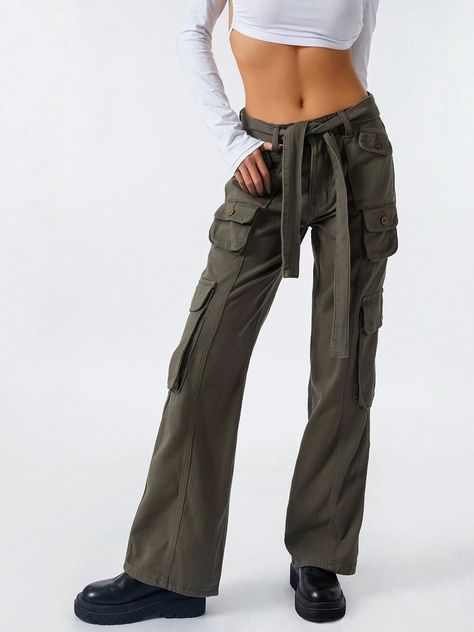 Women Autumn Cargo Pants, Solid Color Low-Waist Loose Fit Casual Trousers With Multi-Pockets For Girls, Gray Army Green Casual   Knitted Fabric Plain Wide Leg Slight Stretch  Women Clothing, size features are:Bust: ,Length: ,Sleeve Length: Women Denim Jeans, Casual Trousers, Low Waist, Denim Women, Army Green, Cargo Pants, Women Clothing, Knitted Fabric, For Girls