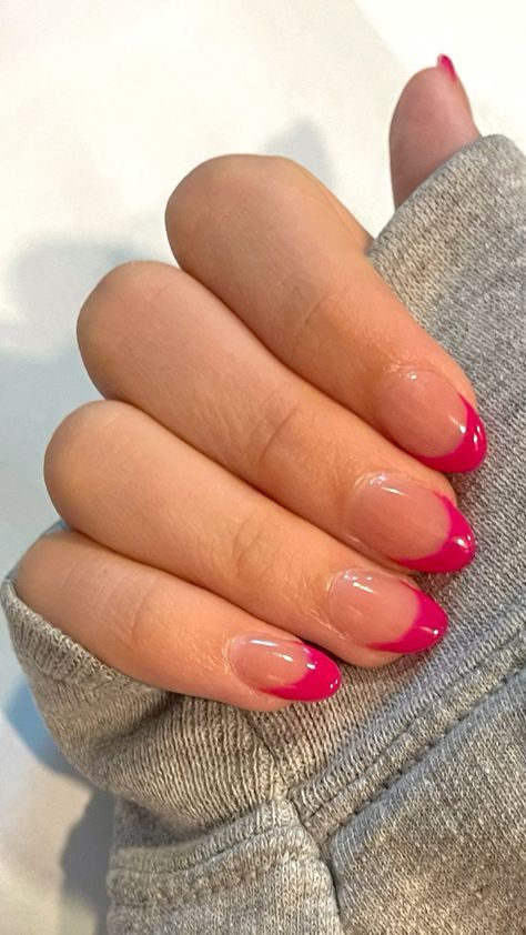 Hot Pink Gel X Nails, Cute Hot Pink French Tip Nails, Hot Pink Nails With Design Summer French Tips, Hot Pink Star Nails, Hot Pink Homecoming Nails, Pink French Tip Manicure, Cerise Pink Nails, French Tips Hot Pink, Pink Almond French Tip Nails