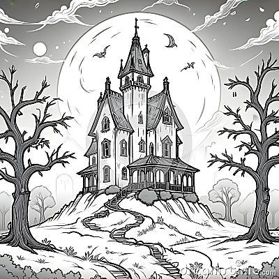 ai-generated-drawing-coloring-page-halloween-haunted-castle-full-moon-bats-background Halloween Castle Drawing, Cobweb Drawing, Bats Background, 2 Point Perspective Drawing, Town Drawing, Castle Drawing, Haunted Castle, Point Perspective, Halloween Illustration