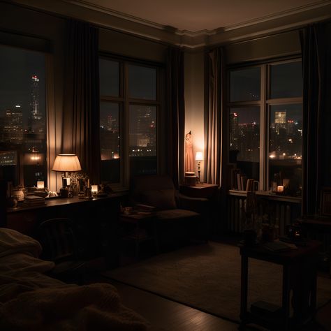 Dark Studio Apartment Aesthetic, Aesthetic Dark Apartment, Dark Classic Interior, Pretty Hotel Rooms, Dark Apartment Aesthetic Living Room, Dark Cozy Interior Design, Aesthetic Apartment Dark, Manhattan Apartment Bedroom, Dark New York Apartment