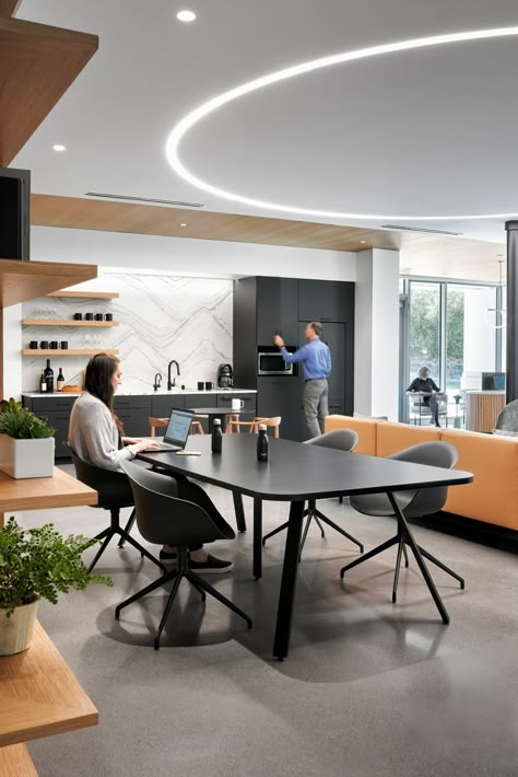 Alameda Realty Spec Suites - Menlo Park | Office Snapshots Break Area, Office Break Room, Quartz Backsplash, Skin Center, Modular Lounges, Menlo Park, Office Suite, Lounge Design, Office Snapshots