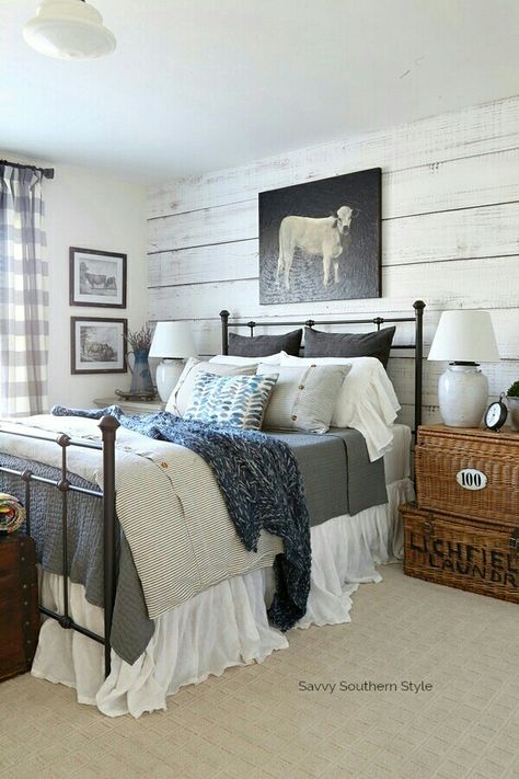 Gray, white, blue, black color combination Farmhouse bedroom Modern Farmhouse Bedroom Decor, Country Bedroom Decor, Farmhouse Bedroom Decor Ideas, Farmhouse Style Bedrooms, Modern Farmhouse Bedroom, Comfy Bedroom, Country Bedroom, Farmhouse Bedroom Decor, Spare Bedroom