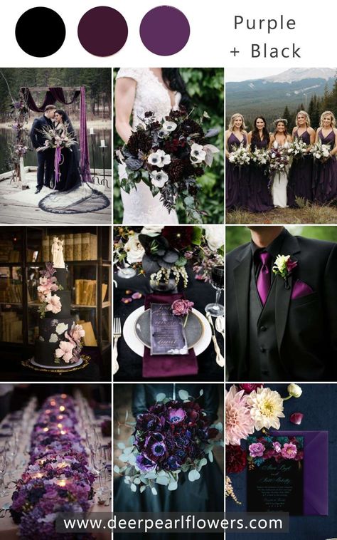 Wedding Colors With Black, Purple And Black Wedding Theme, Dark Purple Color Scheme, Dark Purple Wedding Theme, Sage Green And Dusty Blue, Purple And Black Wedding, Wedding Color Schemes Purple, Purple Black Wedding, Deep Purple Wedding