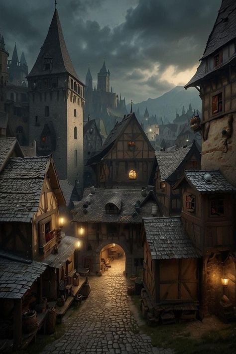 Nordic Architecture Ancient, Village Aesthetic Medieval, Gaslamp Fantasy Aesthetic, Fantasy Town Aesthetic, Medieval Town Aesthetic, Dnd City Art, Medieval City Art, Medieval City Concept Art, Medieval Fantasy Aesthetic