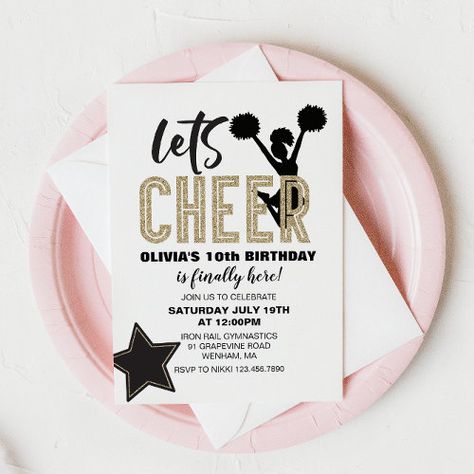 Cheerleading Gold and Black Cheer Birthday for $3.00 - Birthday Invitations Cheer Theme Birthday Party, Cheer Birthday Party Ideas, Cheerleading Birthday Party Ideas, Cheerleading Birthday Invitations, Cheerleader Birthday Party, Cheerleading Birthday, Ronaldo Birthday, Cheer Birthday Party, Kids Cheerleading