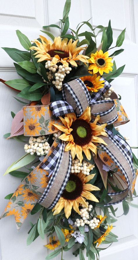 Fall Swag, Sunflower Teardrop Wreath, Autumn Front Door Hanger, Farmhouse Porch Decor, Summer Wreath for Front Door, Staging Accessories - Etsy Swags For Front Door, Sunflower Swag, Teardrop Wreath, Autumn Front Door, Sunflower Ideas, Swag For Front Door, Beautiful Door Wreaths, Wreath Kitchen, Farmhouse Fall Wreath