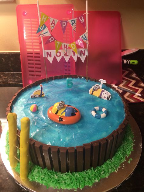 Minion Pool Cake Pool Birthday Cakes, Pool Party Cake, Swimming Pool Cake, Pool Party Cakes, Pool Cake, Minion Birthday Party, Minion Cake, Pool Birthday, Minion Birthday