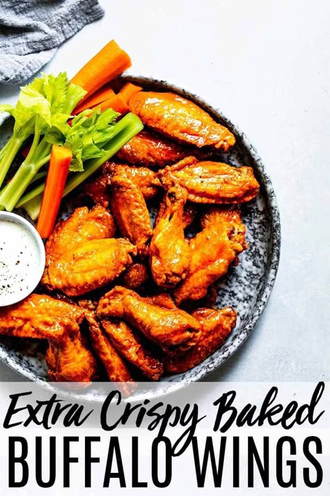 Oven Baked Buffalo Wings, Buffalo Wings Recipe Baked, Baked Hot Wings, Wings Recipe Baked, Baked Buffalo Wings, Hot Chicken Wings, Hot Wing Recipe, Crispy Baked Chicken Wings, Wing Sauce Recipes