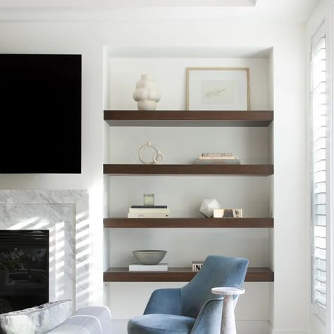 Floating Shelves Beside Fireplace - Photos & Ideas | Houzz Fireplace Shelves Floating, Fireplace With Shelving On One Side, Fireplace With Open Shelves On Each Side, Shelves Above Fireplace, Floating Shelves Beside Fireplace, Shelves Beside Fireplace, Floating Shelves Fireplace, Shelves Next To Fireplace, Fireplace Pictures Ideas