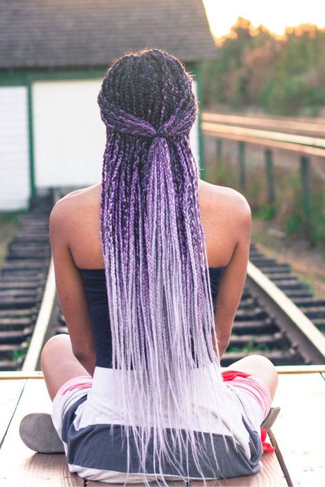 Black to Purple to Grey/Lavender Ombre Box braids. I love wearing colored long braids as a protective style for my natural hair!   #protectivestyle #boxbraids #naturalhair Purple Box Braids, Ombre Box Braids, Black Box Braids, African Natural Hairstyles, Purple Braids, Purple Ombre Hair, Big Box Braids, Short Ombre Hair, Blonde Box Braids