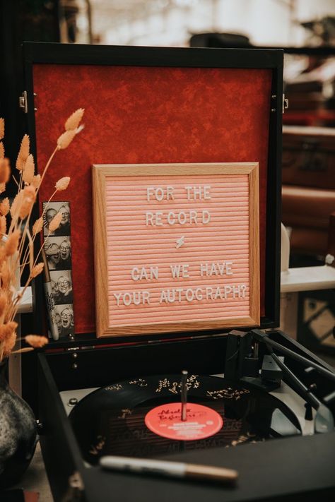 Signed Record Wedding, Selfie Spot Ideas Wedding, For The Record Sign Our Guest Book, Records Wedding Decor, Record Player Wedding Guest Book, Record Signing Guest Book, Record Wedding Centerpieces, Record Wedding Decor, Wedding Book Signing Ideas