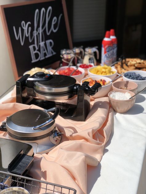 Waffle Bar Ideas for the Perfect Brunch Waffle Bar - More Momma! Waffle Table Ideas, Easter Waffle Bar, Waffle Bar For A Crowd, Inside Brunch Decor, Brunch Food For A Crowd, Waffle Bar Toppings, Waffle Bar Ideas, Diy Waffle Bar, Creamy Shrimp Salad