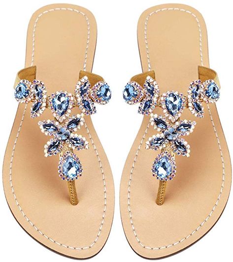 Amazon.com | Hinyyrin Women's Summer Rhinestone Bling Wedding Sandals, Glitter Jeweled Sandals, Dressy Flat Sandals, Beach Flip-Flops, Size 7 Blue&Gold | Flats Rhinestone Wedding Sandals, Dressy Flat Sandals, Sandals Glitter, Blue Bridal Shoes, Dressy Flats, Crystal Sandals, Rhinestone Flats, Sandals Beach, Jeweled Sandals