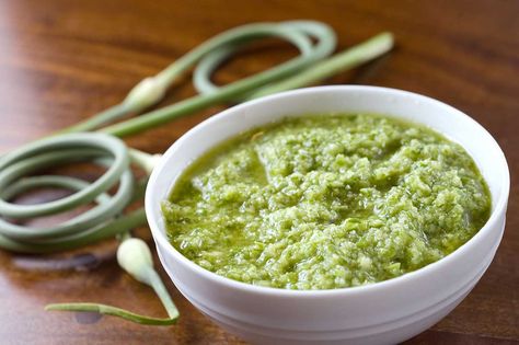 Garlic Scape Pesto Scape Pesto Recipe, Pesto Uses, Scape Pesto, Chicken Appetizer Recipes, Mexican Food Recipes Appetizers, Garlic Scape Pesto, Ambrosia Recipe, Tasty Kitchen, Garlic Recipes