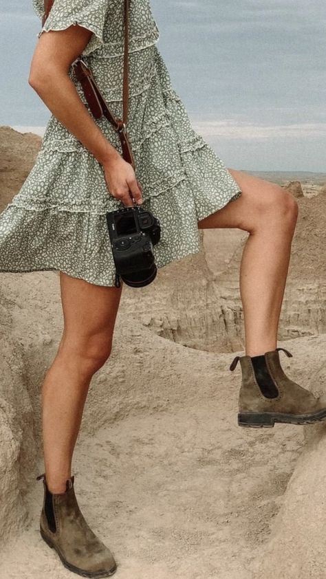 Blundstone Outfit Women Dress, Blundstones And Dress Outfit, Outback Outfit Women, Blundstone With Dress Fall Outfits, Blundstone And Dress Outfit, Dress With Blundstone Outfit, Summer Outfits With Blundstones, Dresses With Blundstone Boots, Blundstones And Dresses