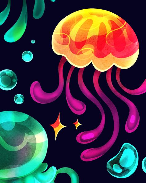 Cute and Colorful Jellyfish digital illustration. Jellyfish watercolor clipart set, available on Etsy <3 Jellyfish Digital Art, Jellyfish Art Style, Paint Marker Ideas, Snoopy Coloring Pages, Jellyfish Illustration, Marker Ideas, Watercolor Jellyfish, Trippy Cartoon, Coloring Pages Nature