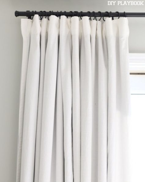 We finally have some window treatments in our bedroom and they block out the sun. Here's how to DIY no-sew blackout curtains. White Blackout Curtains, Blackout Curtains Bedroom, Ikea Curtains, Diy Playbook, No Sew Curtains, Drop Cloth Curtains, Nursery Curtains, Rustic Curtains, Curtains Living