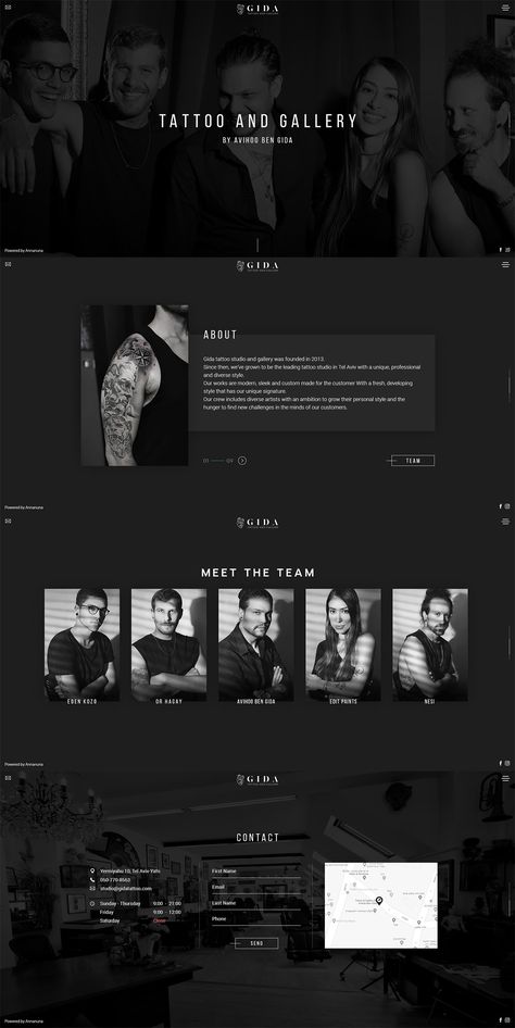 Dark Website Design Layout, Tattoo Artist Website, Website Gallery Design, Monochrome Website, Tattoo Website Design, Web Design Dark, Black Website Design, Dark Website Design, Black And White Website