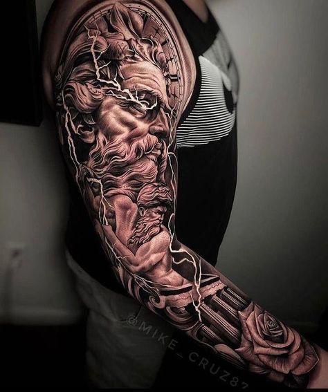 Men’s Greek Tattoo Sleeve, Greek God Arm Tattoo, Left Arm Tattoo Men Full Sleeves, Tattoo Ideas For Men Zeus, Zeus Shoulder Tattoo Men, Mens Mythology Tattoo, God Of Sea Tattoo, Zuse Tattoos, Gods Tattoo For Men