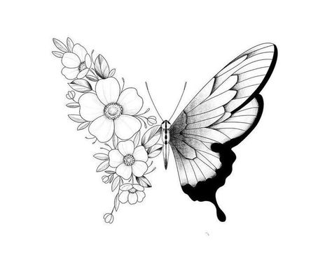 Floral Butterfly Tattoo Design, Butterfly With Flowers, Butterfly With Flowers Tattoo, Butterfly Tattoo Stencil, Tato Minimal, Flower Tattoo Drawings, Butterfly Tattoos For Women, Tattoo Stencil Outline, Butterfly Tattoo Designs