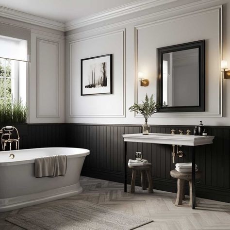 Black Wainscoting Bathroom, Bathroom Wainscotting, Bathroom Wainscoting Ideas, Modern Wainscoting Ideas, Mansion Apartment, Washroom Ideas, Bathroom Wainscoting, Black Wainscoting, Wainscoting Ideas