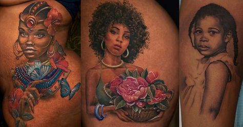 Colour Tattoo On Black Skin, Tattoos Black Women Dark Skin, Dark Skin Women Tattoo Ideas, Color Tattoos On Black Women, Watercolor Tattoo Dark Skin, Coloured Tattoos On Brown Skin, Tattoo Black Women Dark Skin, Black Skin Color Tattoo, Fine Line Tattoo Dark Skin