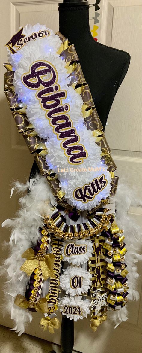 Senior sash; purple and gold; Kitts Hoco Mum Sash, Sash Homecoming Mums Diy, Senior Sash Mum, Senior Mums Homecoming White And Purple, Purple Gold Homecoming Mum, Purple White And Silver Homecoming Mums, Senior Sash, Homecoming Mums Diy, Homecoming Mums