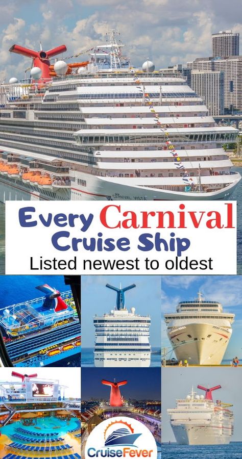 List of every Carnival cruise ship in order of newest to oldest.  Check out every ship with Carnival Cruise Line.#carnivalcruiseships #carnival #carnivalcruise #carnivalships #cruisefever Carnival Paradise, Carnival Elation, Carnival Cruise Tips, Carnival Pride, Carnival Conquest, Carnival Glory, Carnival Freedom, Carnival Sunshine, Carnival Ships