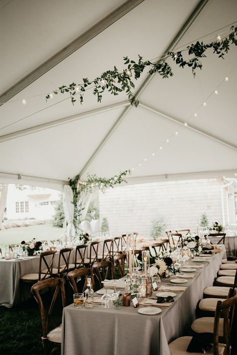 House Wedding Party, Greenery In Wedding Tent, Simple Wedding Tent Decor, Simple Tent Wedding, Lights Hanging From Ceiling, Outdoor Tent Wedding Reception, Harvest Tables, Wedding Tent Decorations, Outdoor Tent Wedding