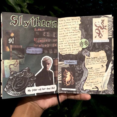 Slytherin inspired journal page with a color palette of green, black and beige. Left page has pieces that symbolise hogwarts and the slytherin house including the slytherin symbol, a snake and slytherin member draco.  Right page includes scriptures about the slytherin house and their traits plus a symbolisation of a ferret and snake & magnolias. Hogwarts Scrapbook Ideas, Scrapbook Ideas Harry Potter, Slytherin Scrapbook, Harry Potter Notebook Ideas, Hogwarts Scrapbook, Harry Potter Journal Ideas, Harry Potter Scrapbook Ideas, Slytherin Journal, Harry Potter Potion Labels