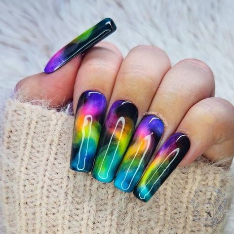 neon nail designs, neon aesthetic, neon, nail designs, nail ideas, nail designs summer, neon nail ideas summer Crazy Neon Nails, Elemental Nails, Black Light Nails, Black And Neon Nails, Gothic Nail Ideas, Length Of Nails, Baddie Pfp, Cosmic Nails, Nails Rainbow