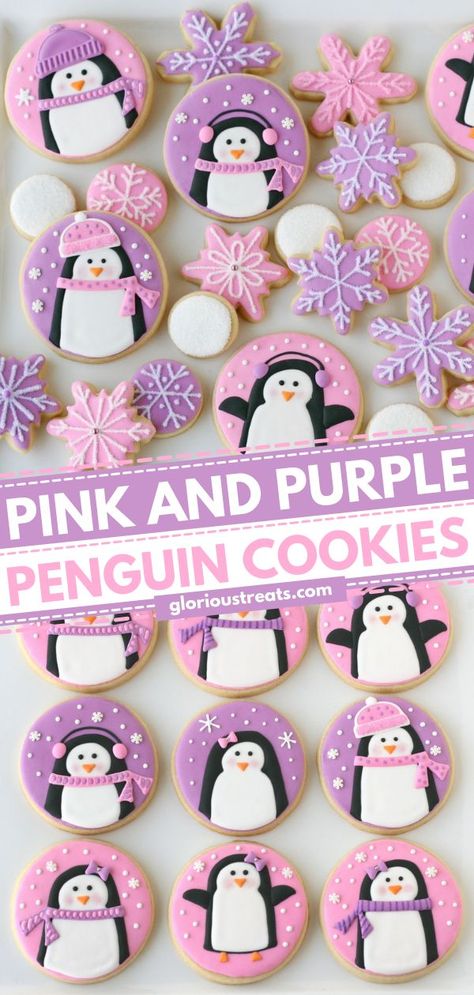 Pink and Purple Penguin Cookies, christmas cookies, holiday baking list, gift ideas Cookies As A Gift, Purple Penguin, Penguin Cookies, Traditional Christmas Cookies, Christmas Sugar Cookies Decorated, Send To Friends, Perfect Sugar Cookies, Cute Christmas Cookies, 1st Birthday Party For Girls