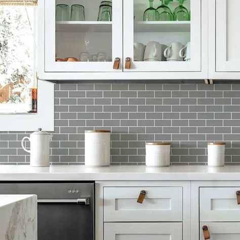 Traditional Backsplash, Backsplash Kitchen White Cabinets, Tile Peel And Stick, Room Mates, Easy Tile, Designer Tiles, Roommate Decor, Grey Subway Tiles, Stick Tile Backsplash