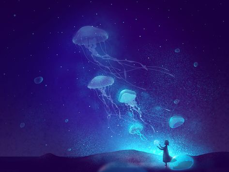 Jellyfish Starry Sky by _PEI_JIE_ Atmospheric Beast, Flying Jellyfish, Mysterious Universe, Jellyfish Art, Sky Design, Sky Art, Go Around, Starry Sky, Fantasy Landscape