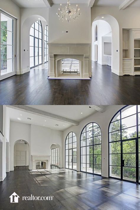 Big Arched Windows, Arched Cased Opening, Traditional Brick Fireplace, Tuscany Home, Arch Windows, Open Foyer, Window Doors, Square Windows, Iron Windows