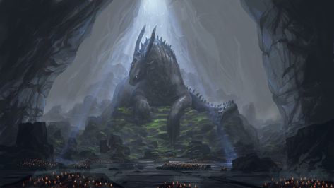 ArtStation - Dragon Cave, Davey Baker Cave Ruins Concept Art, Dragon Temple Fantasy Art, Dnd Landscape, Dnd Locations, Fantasy Reference, Dragon Spirit, Cave Temple, Dragon Cave, Dragon Anatomy