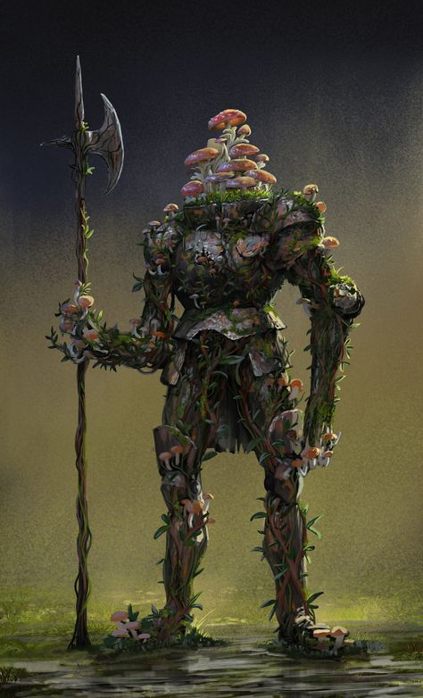 Fungi Monster Art, Mushroom Monster Concept Art, Mushroom Infected Character, Mushroom Warrior Art, Forest Warrior Fantasy Art, Fantasy Mushroom Creature, Wooden Warforged Dnd, Mushroom Horror, Mushroom Armor