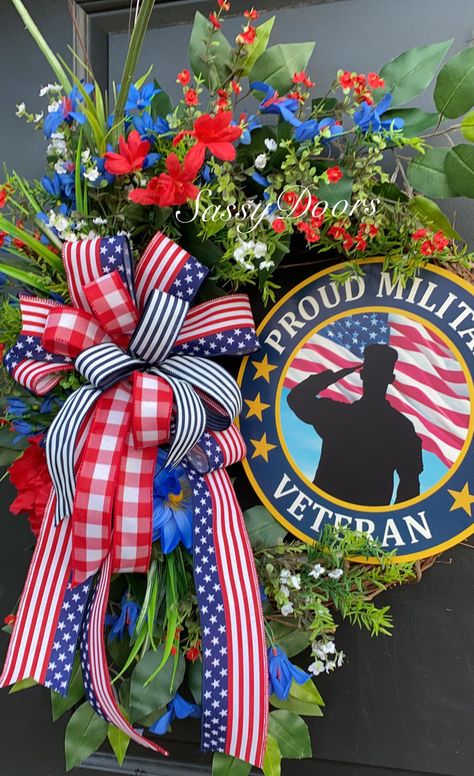 Military Veterans Wreath, Patriotic Wreath, Memorial Day Wreath, Veterans Day Wreath, Military Wreath Patriotic Grapevine Wreath, Memorial Day Wreaths Diy Front Doors, Memorial Day Grave Decorations, Veteran Wreath, Veterans Wreath, Blue Wreaths, Cemetery Arrangements, Cemetery Ideas, July Flower