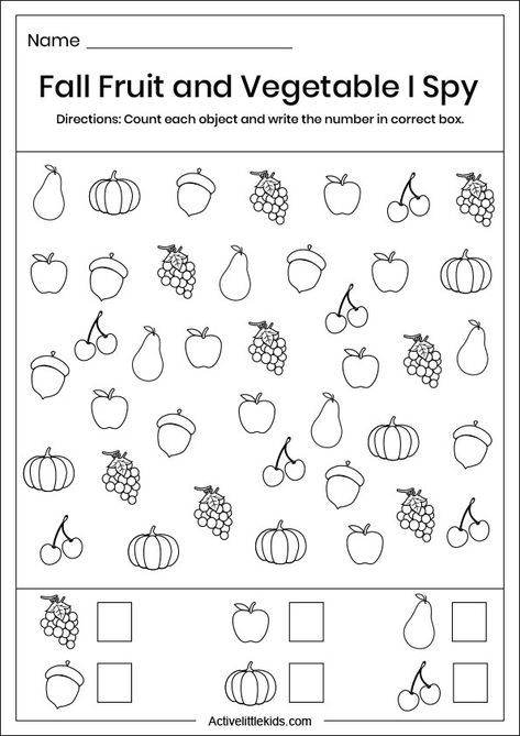 Fall I spy worksheets - Free printables - Active Little Kids Matematik Prasekolah, Fun Preschool Worksheets, I Spy Worksheets, Printable Fruits, Color Worksheets For Preschool, Fall Lesson Plans, Fall Worksheets, Fall Fruit, Fall Lessons